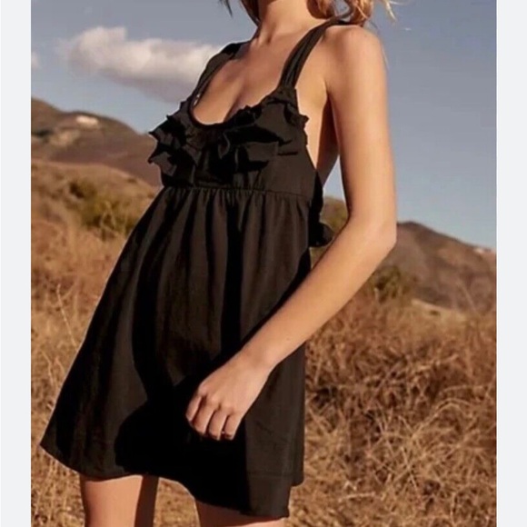 Free People Dresses & Skirts - Free People Beach Mini Dress Valley Ruffle Strap Tie Back Loose Cutout Pockets S